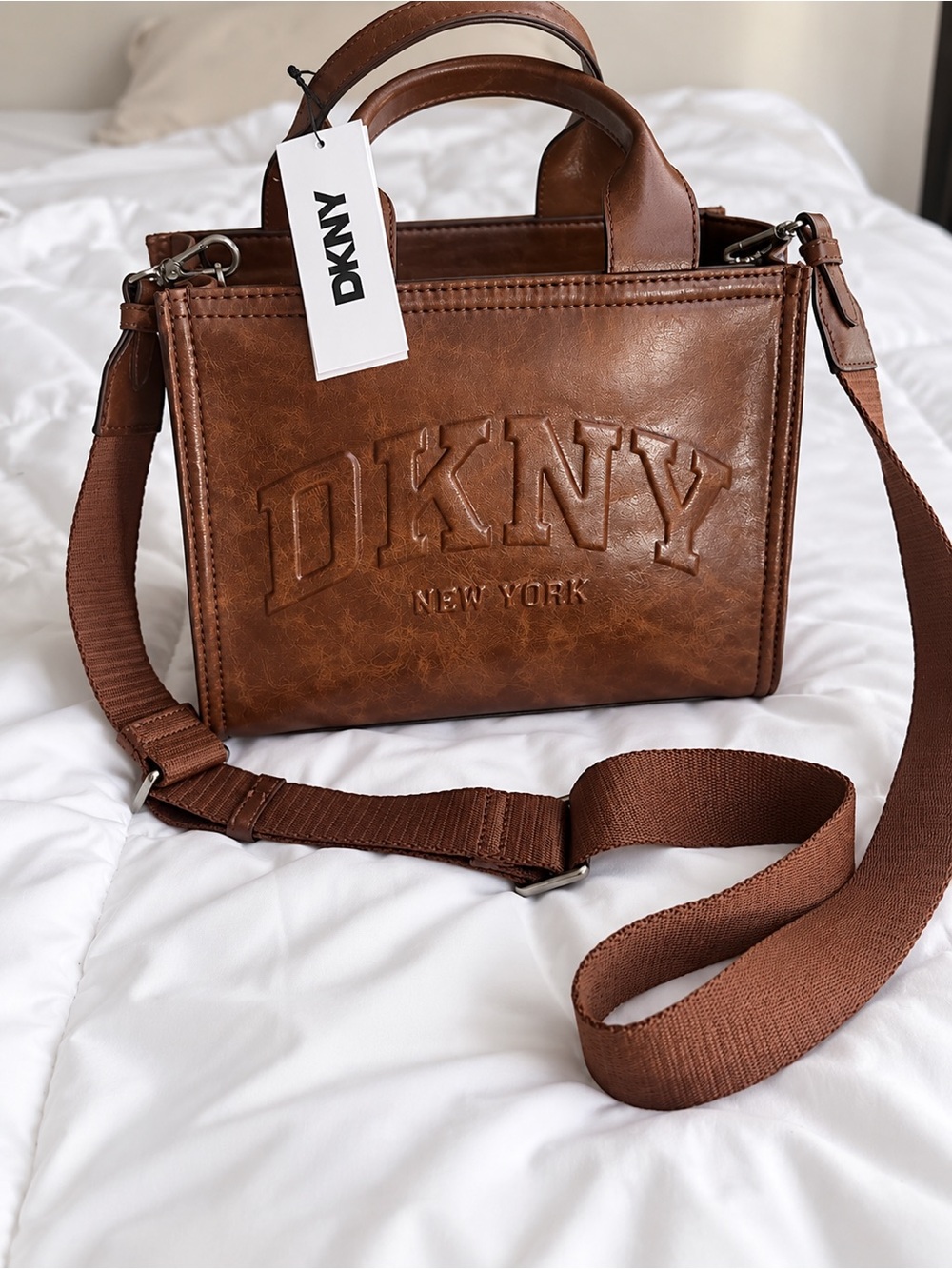 DKNY Brown Embossed Leather Messenger Bag with Adjustable Strap